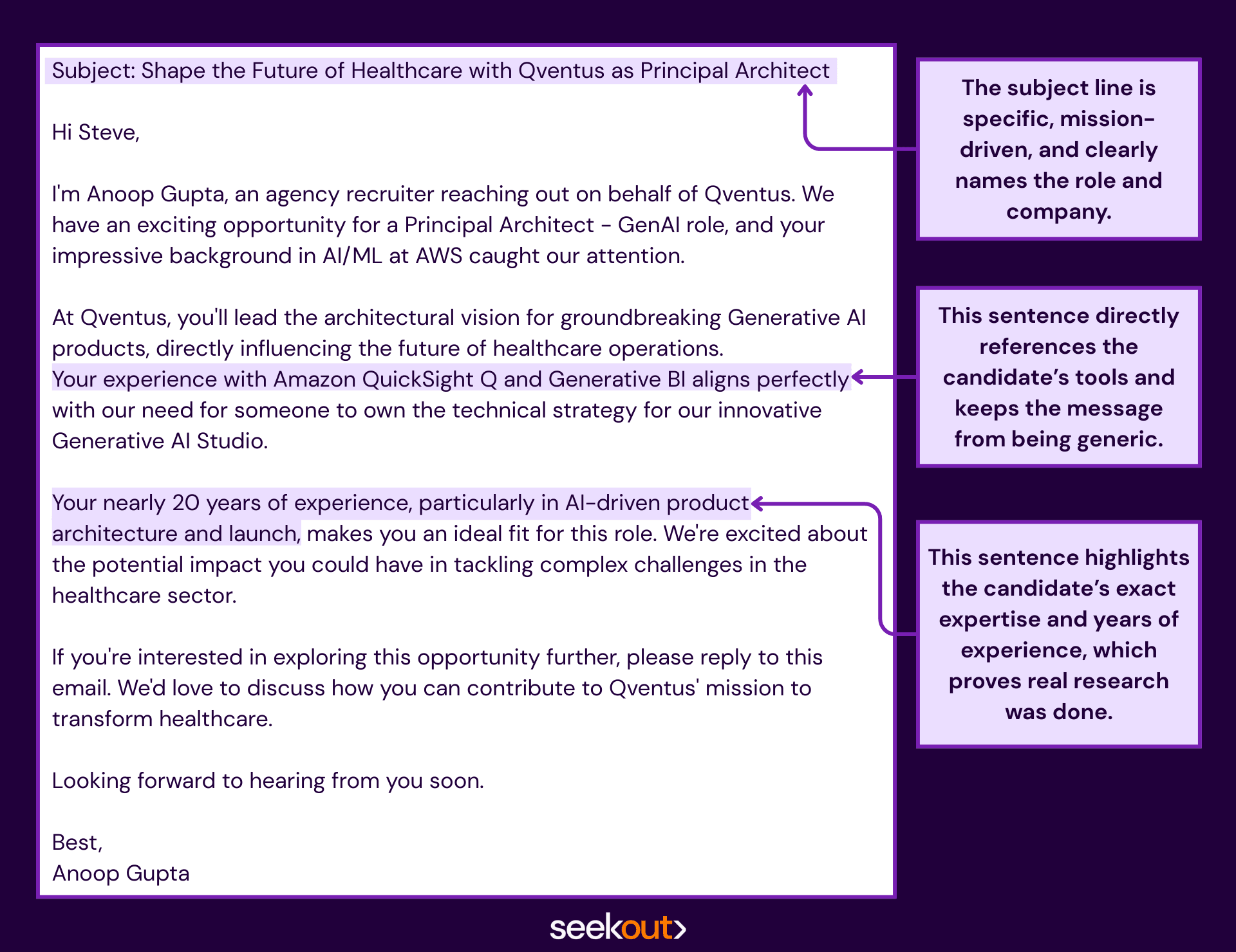 Example of a personalized outreach email using SeekOut Spot's agentic AI